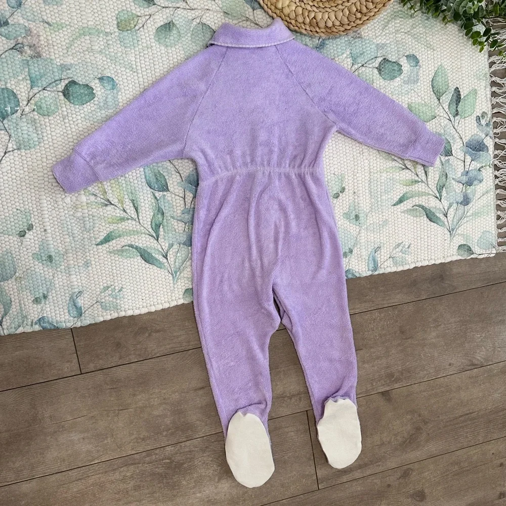 Vintage Disney Winnie Pooh Baby Girl Pajamas Lavender Button Footie Terry Cloth